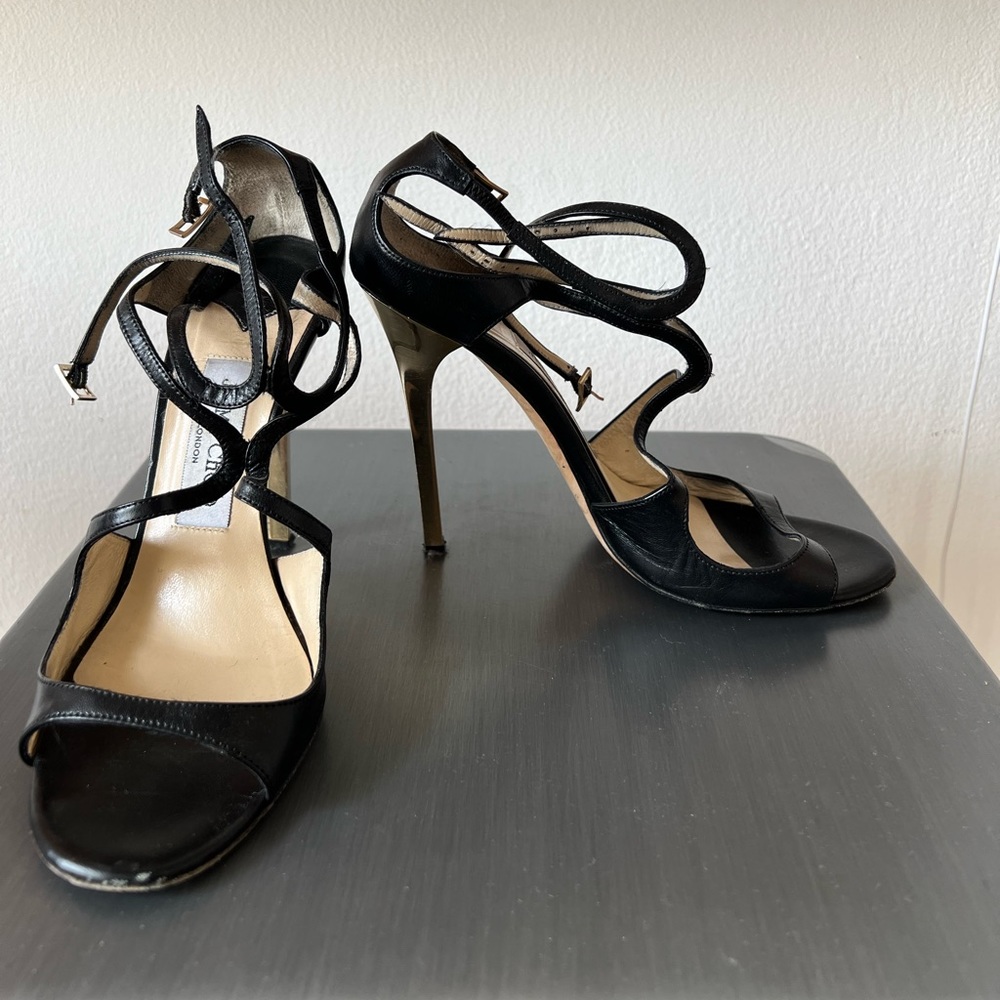 Used Jimmy Choo Lance Napa Leather Black Gold Heel 100 size 37 1/2